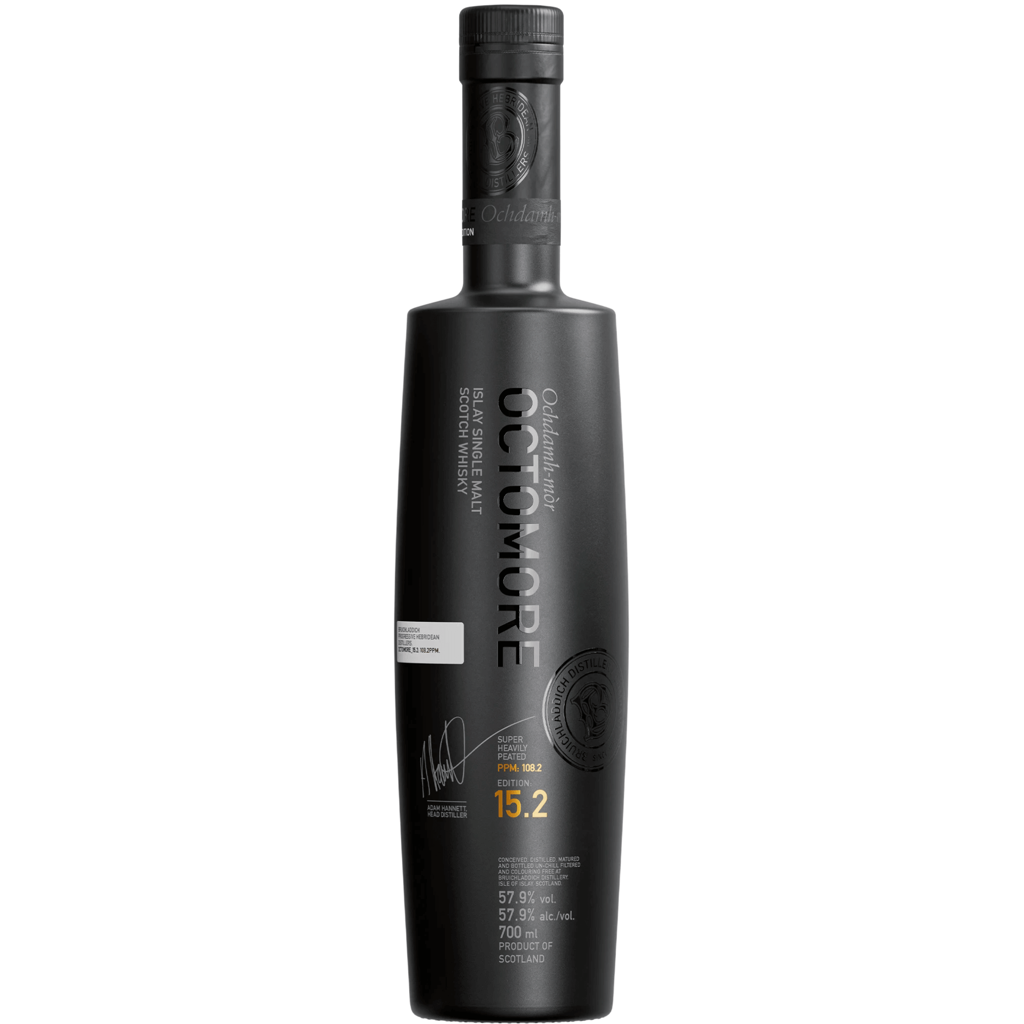 Bruichladdich Octomore 15.2 Single Malt Scotch Whisky bottle, heavily peated, 700mL, Islay, Scotland, bold flavor.