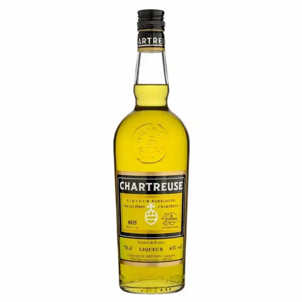 Bottle of Yellow Chartreuse Liqueur 750ml, crafted by Carthusian monks, featuring herbal flavors and mellow aged profile.