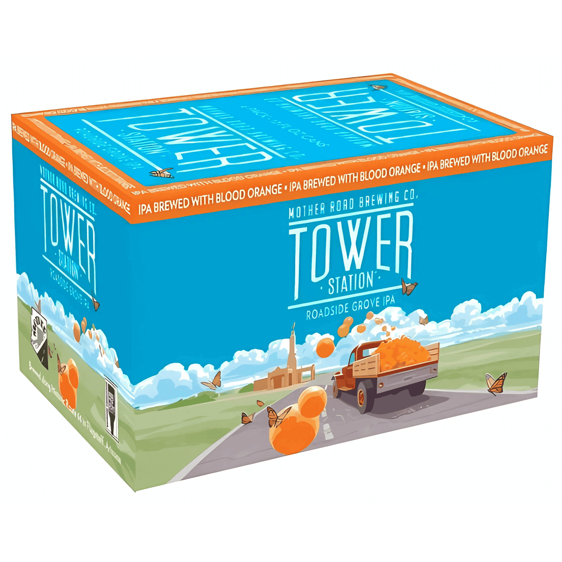 Mother Road Roadside Grove 6-pack of 12oz cans with vibrant orange and citrus-themed packaging from Flagstaff, Arizona.