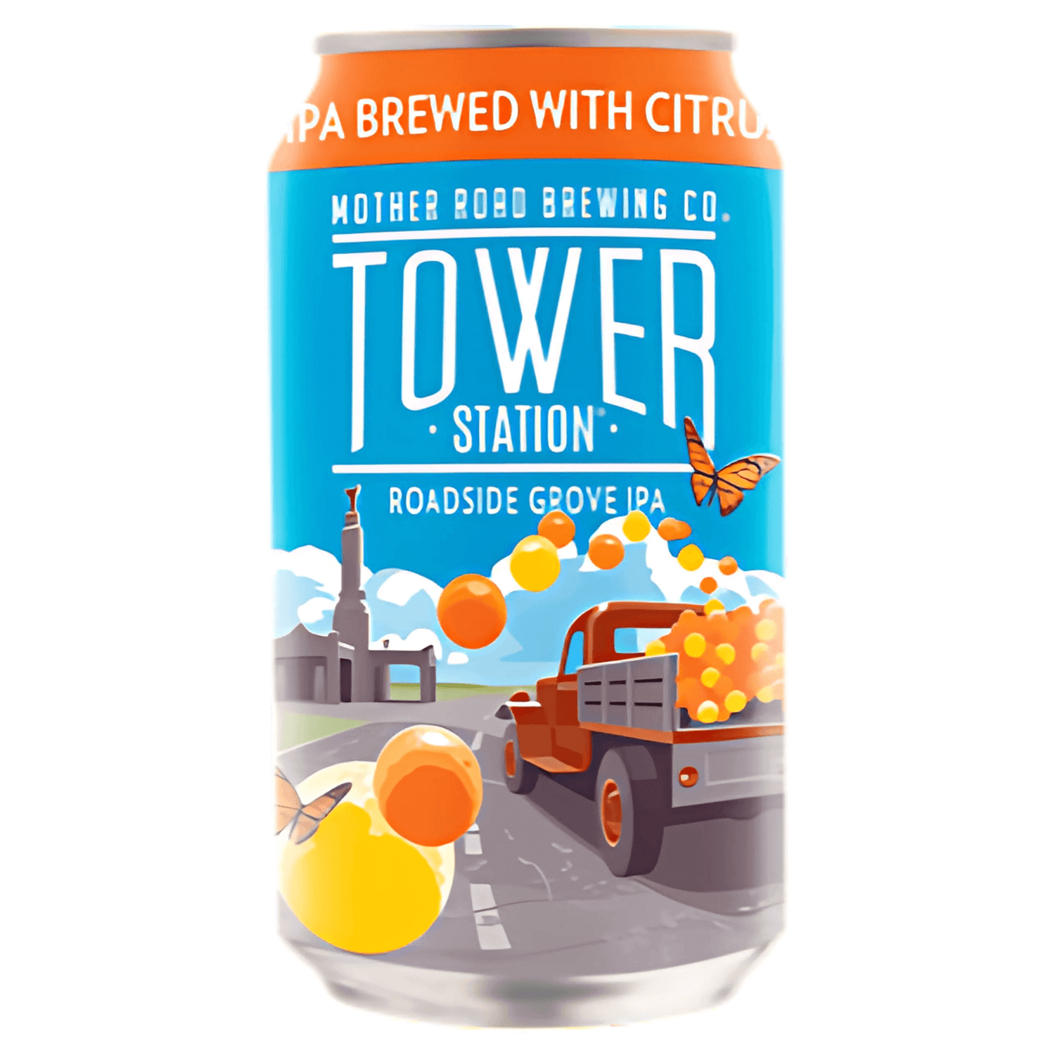 Mother Road Brewing Co. Roadside Grove 12oz can, citrus wheat ale with vibrant label featuring a truck and oranges.