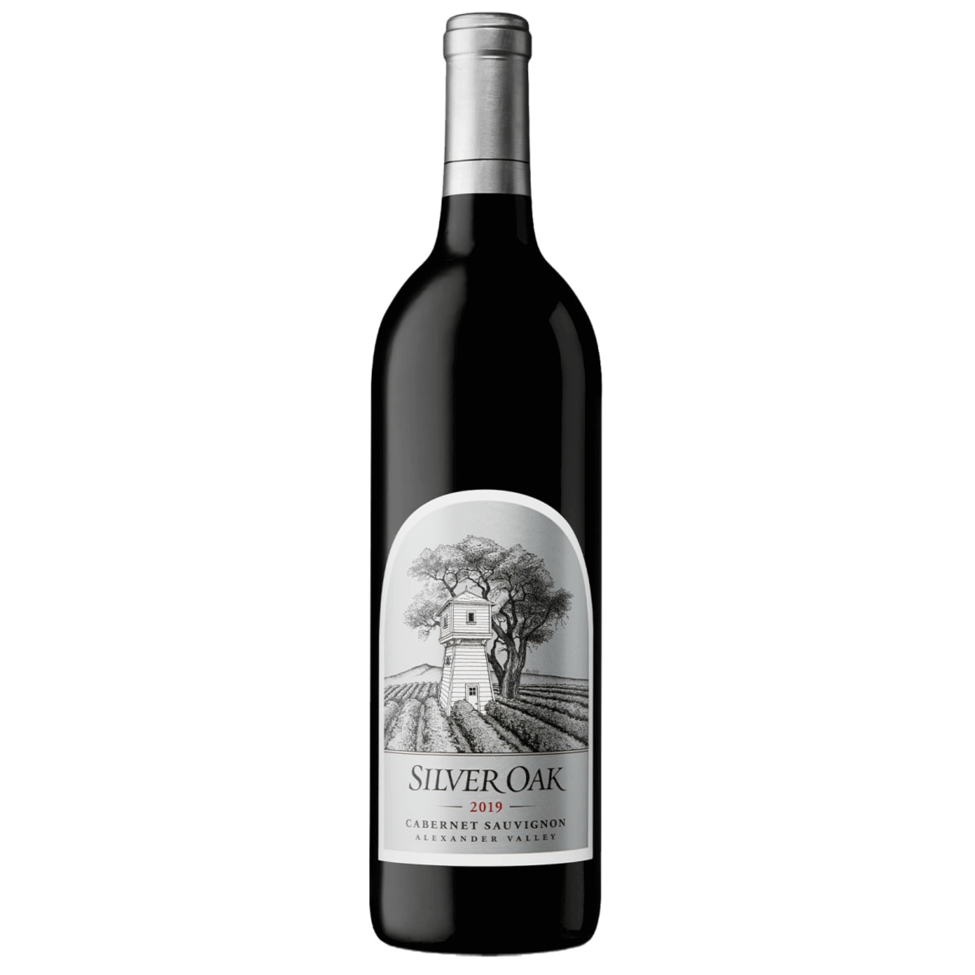 Silver Oak Alexander Valley Cabernet Sauvignon 2019 wine bottle, 750ml, Sonoma County red wine elegance from Silver Oak Cellars.