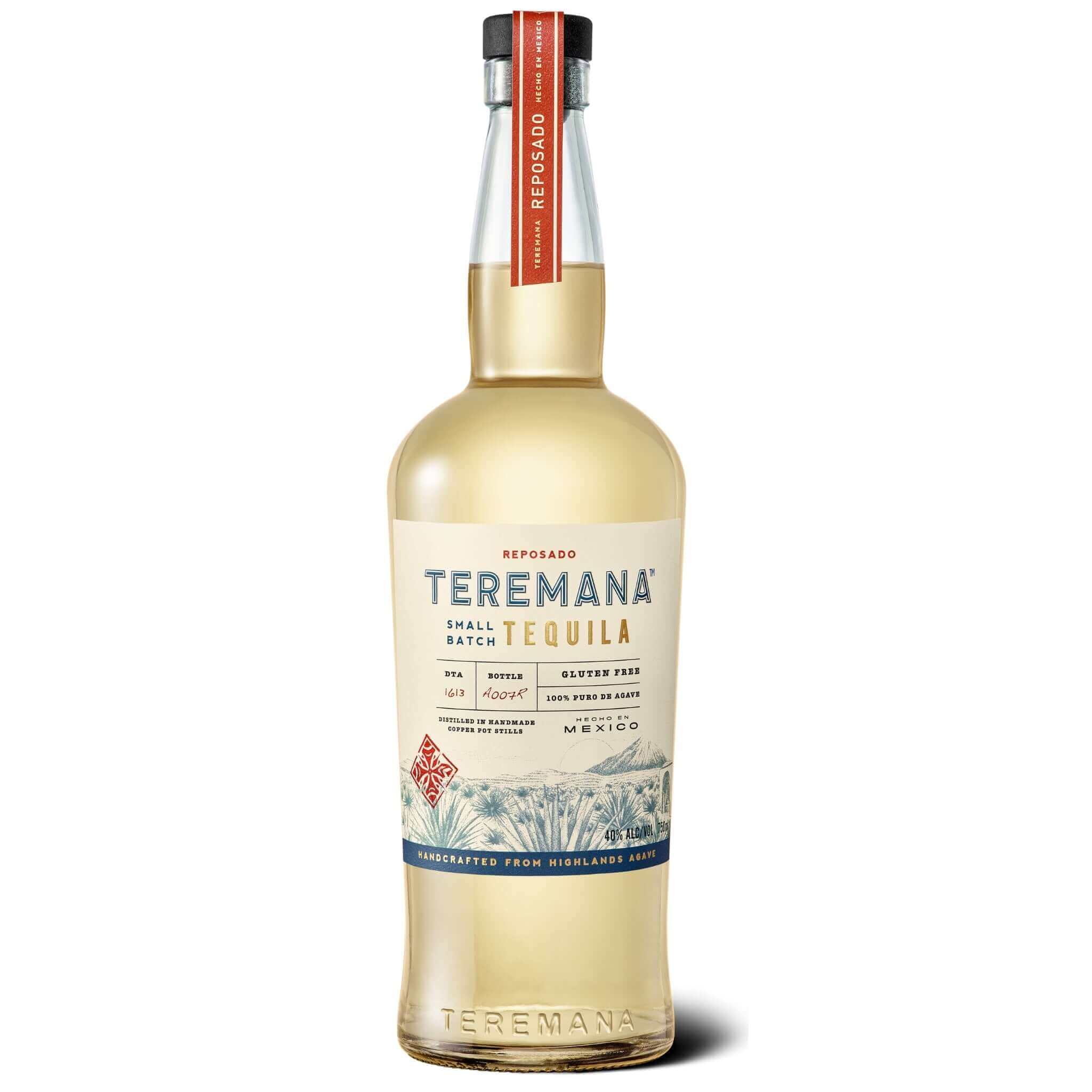Bottle of Teremana Reposado Tequila, 750ml, crafted from 100% blue Weber agave, aged in oak barrels, Highlands of Jalisco.
