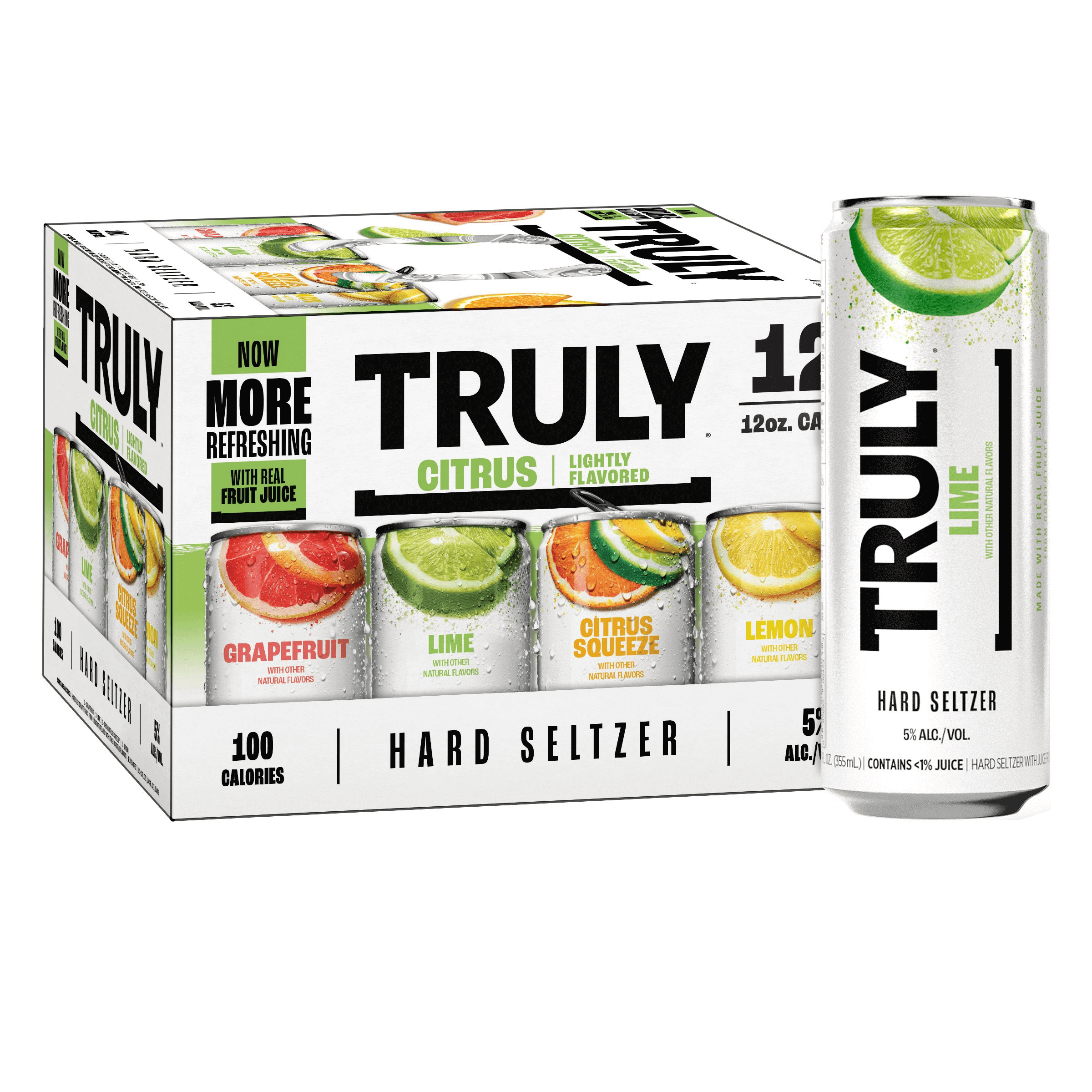 Truly Citrus Mix 12 Pack of 12oz hard seltzer cans featuring grapefruit, lime, citrus squeeze, and lemon flavors, 5% ABV.
