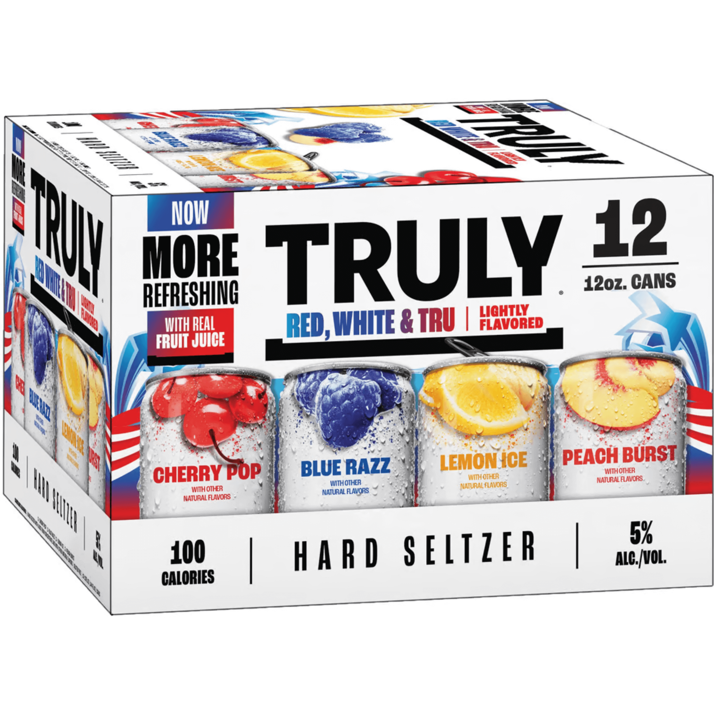 Truly Hard Seltzer Red, White & Tru 12 Pack featuring Cherry Pop, Blue Razz, Lemon Ice, Peach Burst flavors in 12oz cans.