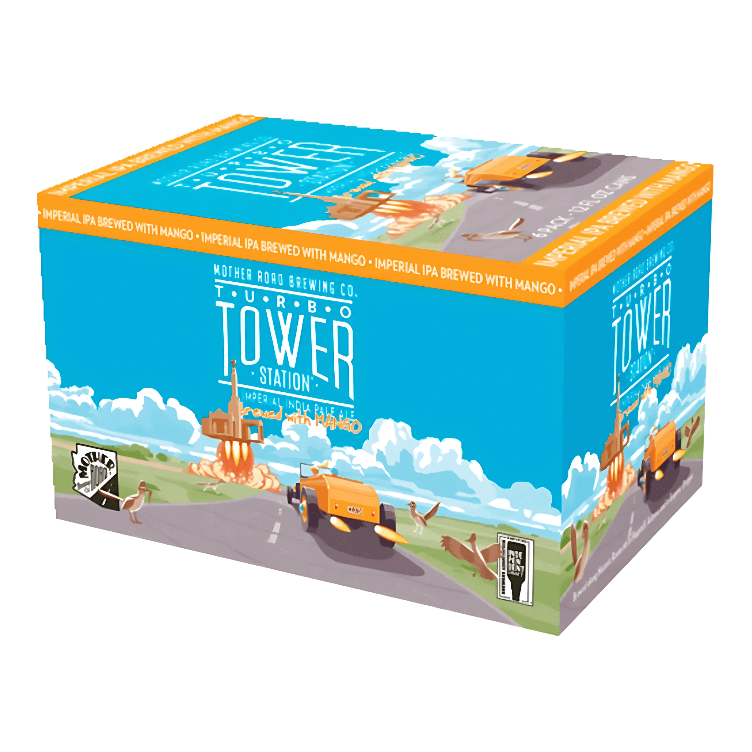 Mother Road Turbo Tower Station 6 Pack of 12oz cans, Double IPA from Flagstaff, Arizona, with citrus and pine flavors.