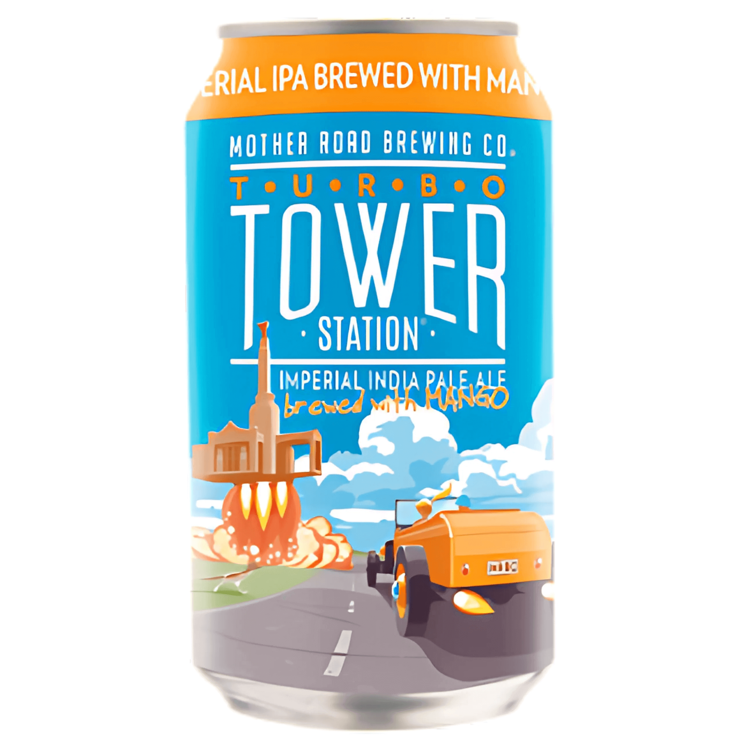 Mother Road Brewing Turbo Tower Station IPA can featuring bold graphics of a tower and truck, Flagstaff, Arizona, Imperial IPA, 12oz.
