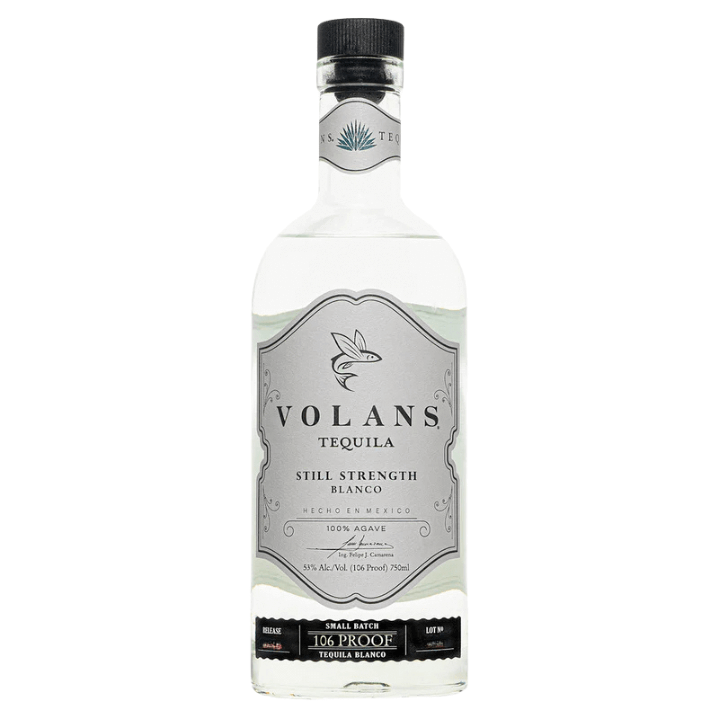 Volans Still Strength Blanco Tequila 750ml bottle with 53% ABV from El Pandillo Distillery, Jalisco, showcasing bold unaged spirit.