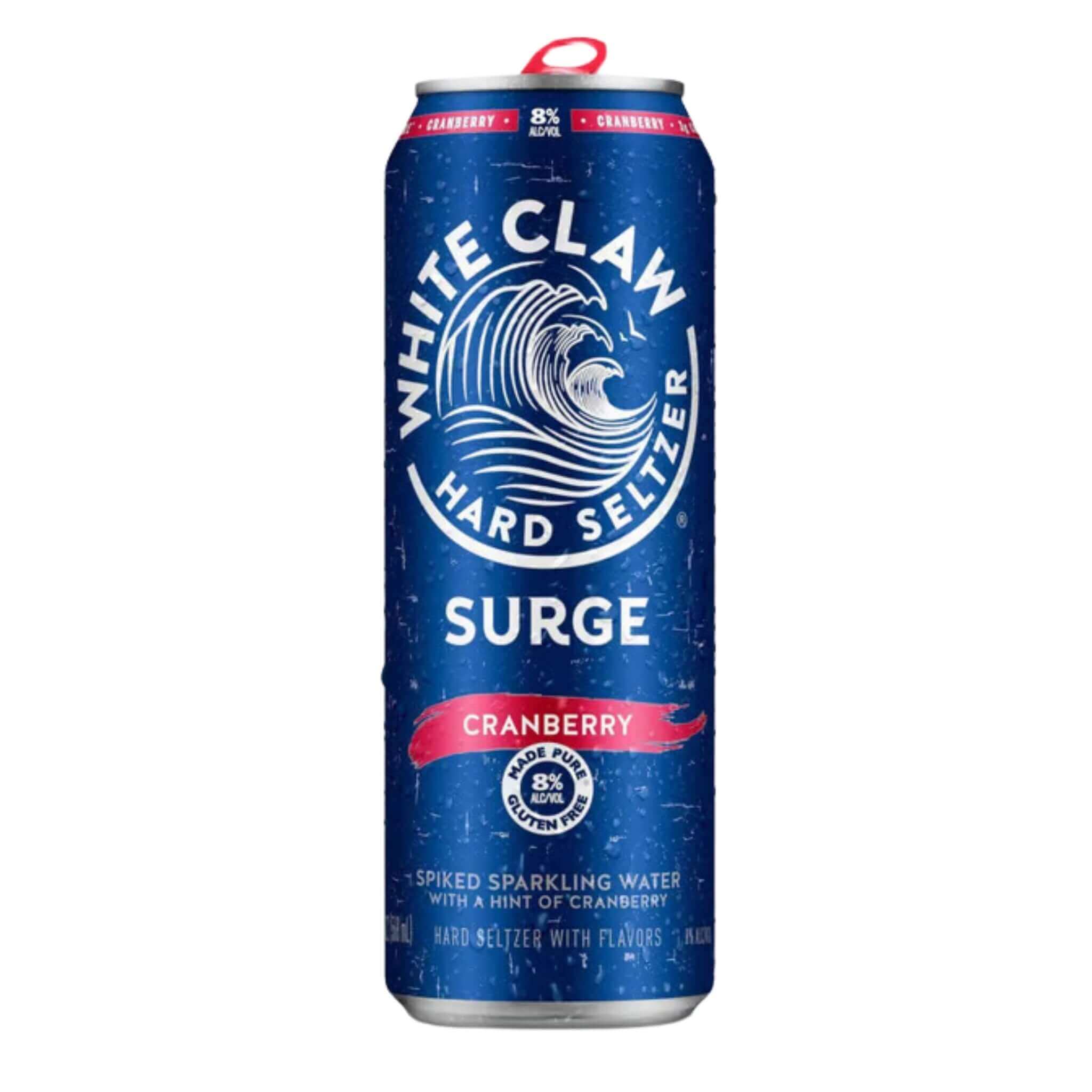 White Claw Surge Cranberry 19.2oz can featuring bold cranberry flavor with 8% ABV, hard seltzer drink.