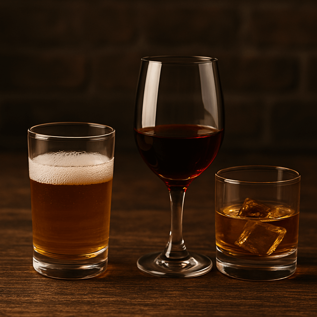 Sample-size pours of beer, wine, and whiskey on a rustic table, representing the Casual Paid Tastings category on our ecommerce site—featuring relaxed, no-frills events where guests can explore a variety of beverages at their own pace.