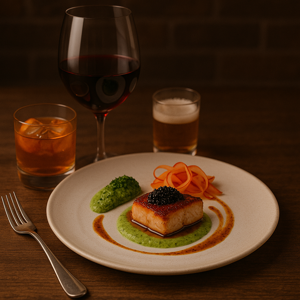 A gourmet dish of seared fish with squash ribbons, green puree, and caviar, paired with wine, beer, and a cocktail—capturing the refined experience offered through our Exclusive Dinners category on the ecommerce site.