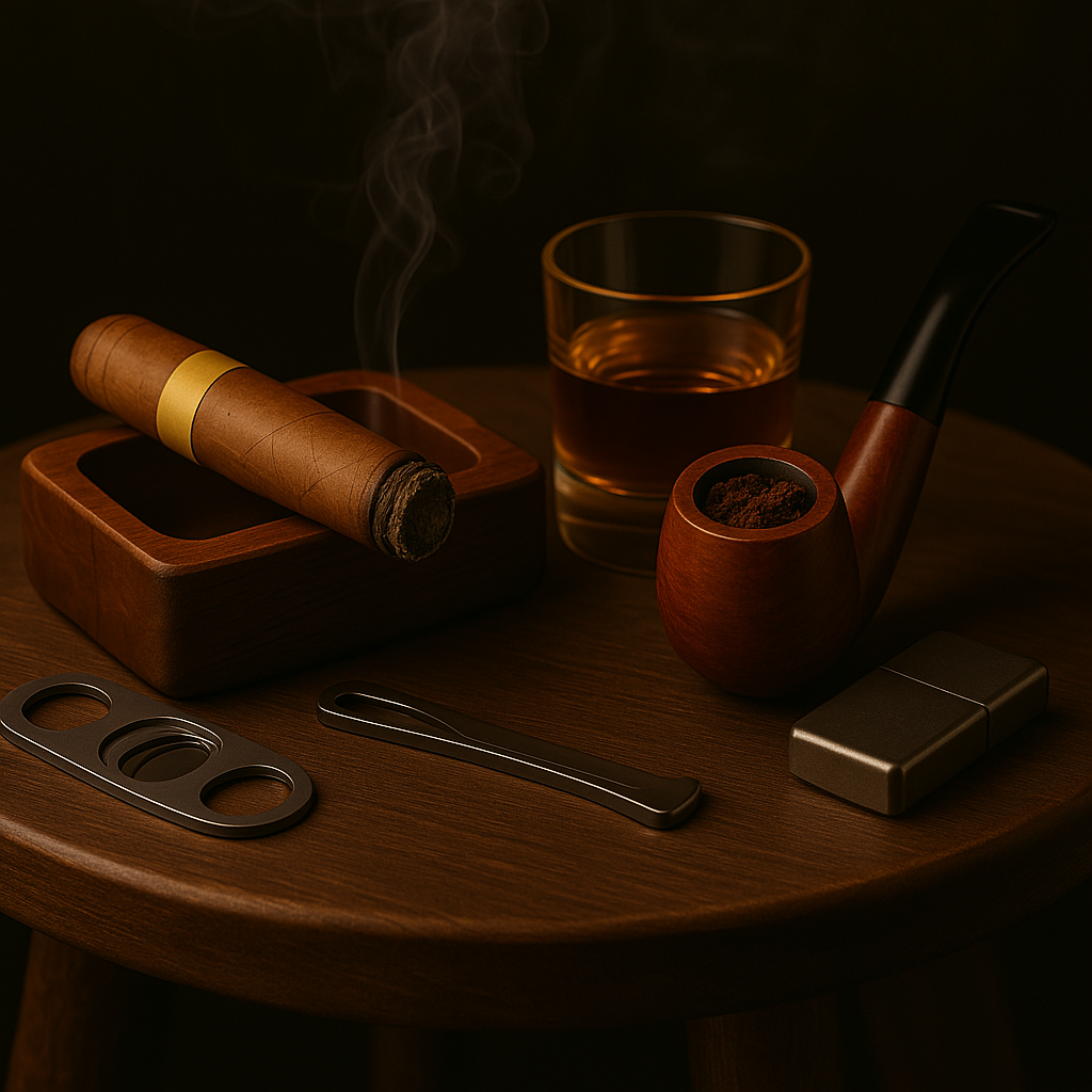 A lit cigar, wooden pipe, and glass of whiskey on a rustic table with smoke curling in the background—capturing the laid-back, refined vibe of our Cigar &amp; Pipe Events available through the ecommerce site.