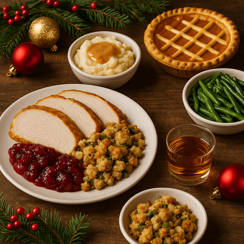 A festive holiday meal on a rustic table, showcasing seasonal offerings from our Holiday Events category—like pre-cooked take-home dinners and all-you-can-eat brunches, complete with classic sides, desserts, and holiday-themed décor.
