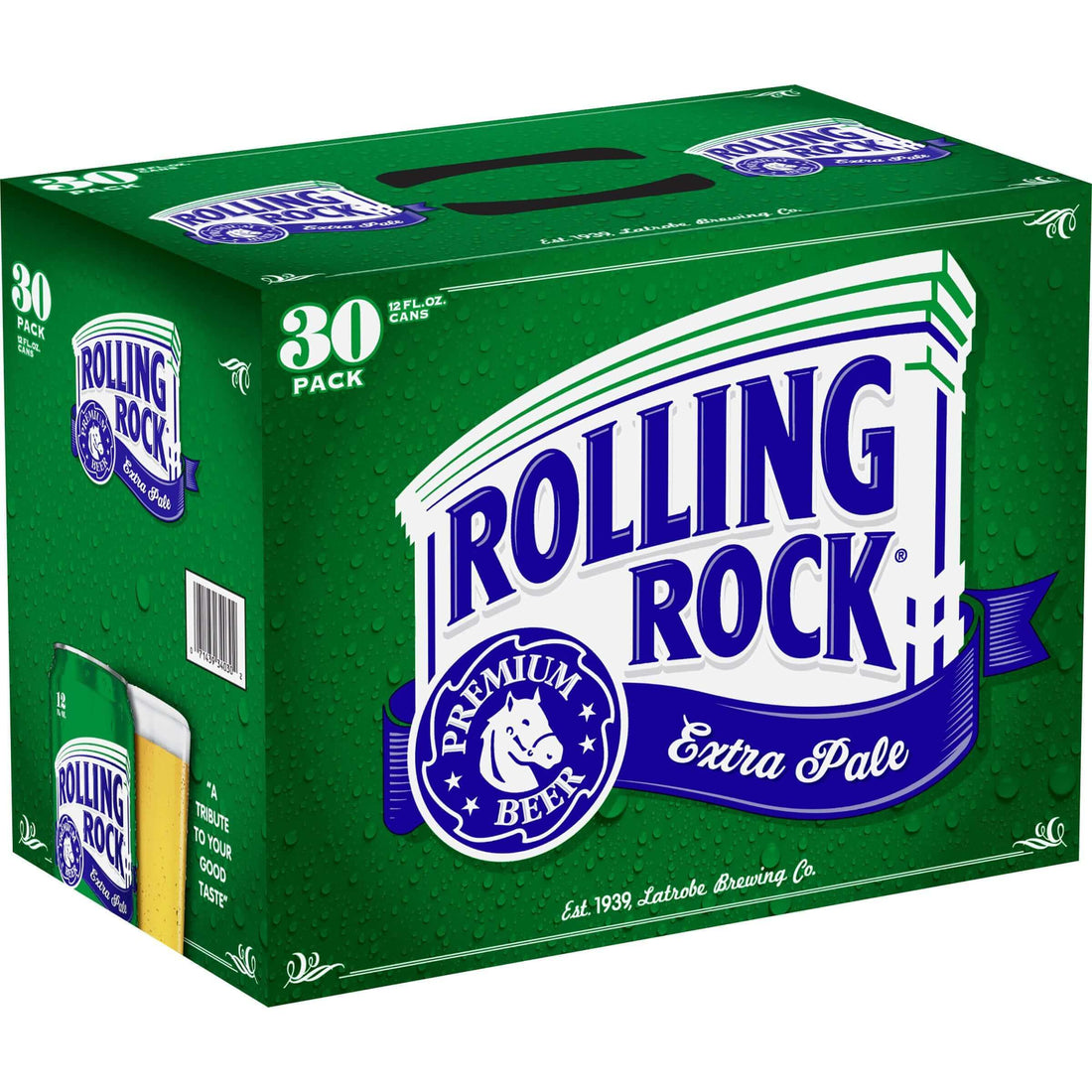 Rolling Rock 30 Pack 12oz Cans, American Lager by Latrobe Brewing, Anheuser-Busch, green box with white and blue logo, 4.4% ABV