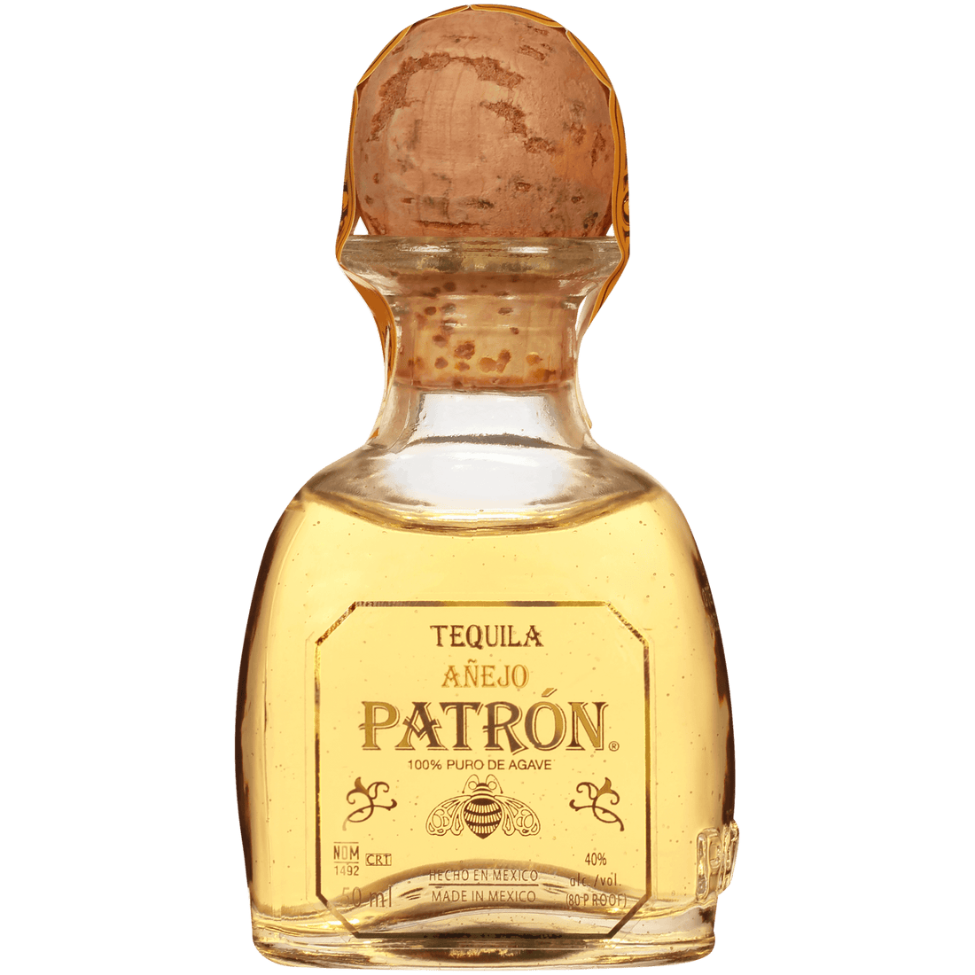 Patrón Añejo Tequila 50ml bottle, aged in French, Hungarian, and American barrels, from Atotonilco El Alto, Jalisco.