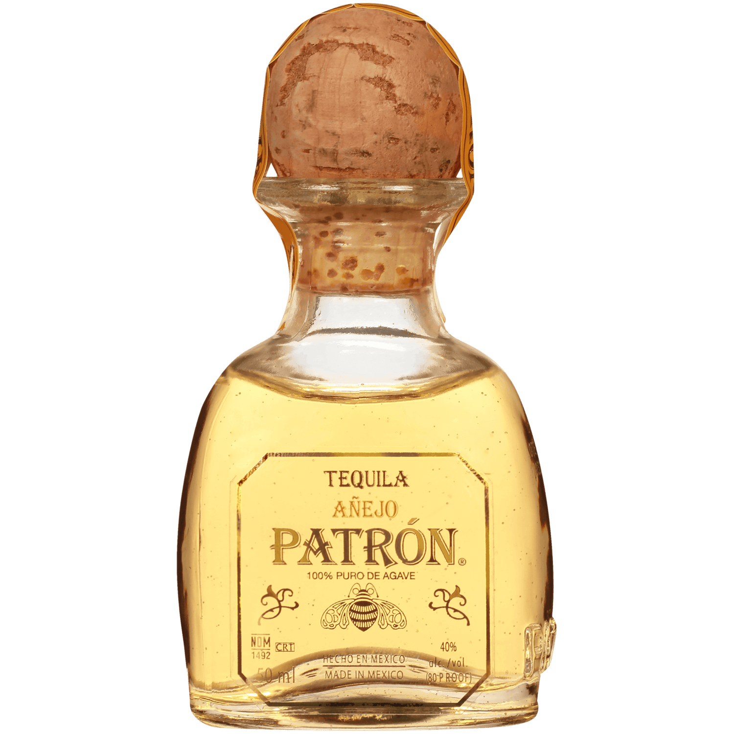 Patrón Añejo Tequila 50ml bottle, aged in French, Hungarian, and American barrels, from Atotonilco El Alto, Jalisco.