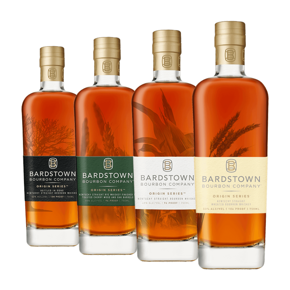 Bardstown Origin Sampler 50ml 4 Pack showcasing four distinct bourbon flavors in stylish bottles.