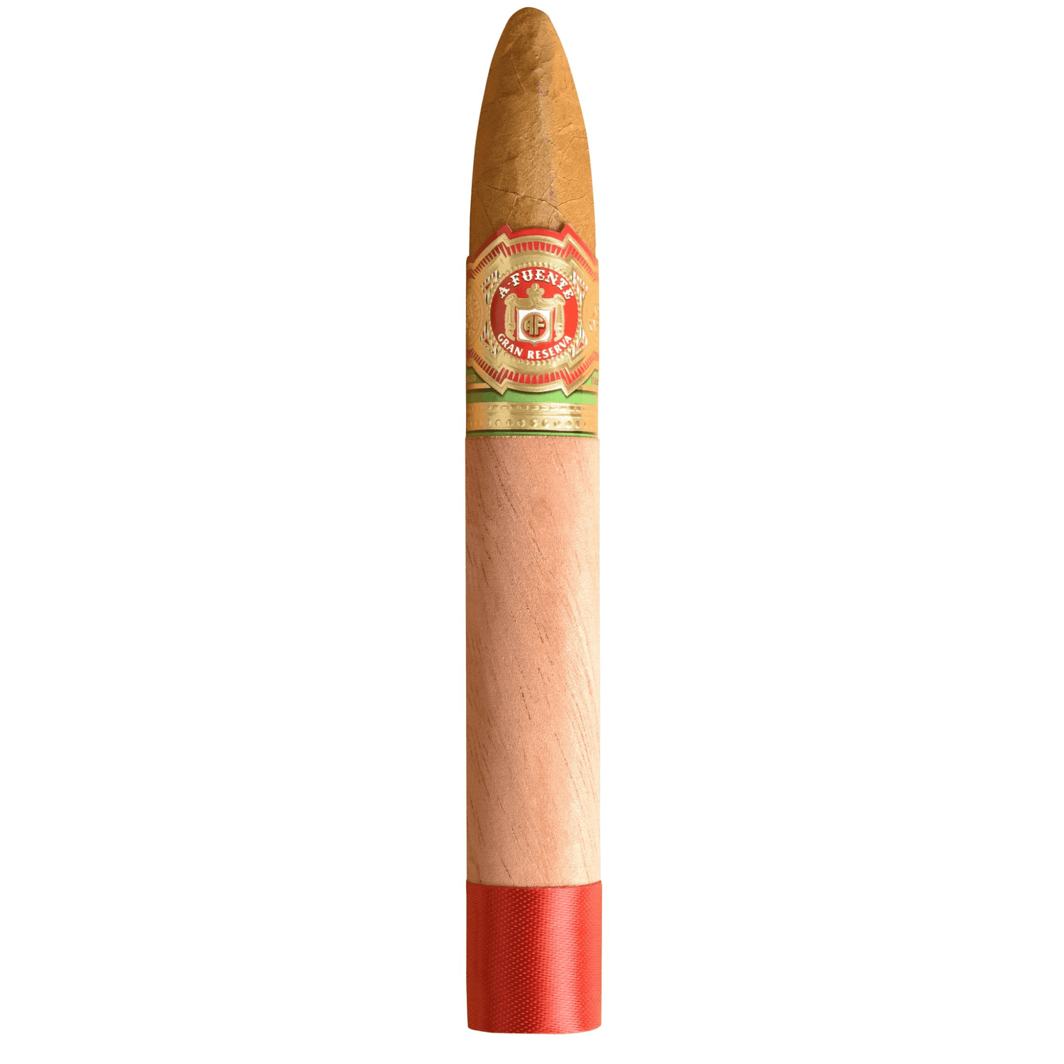 Arturo Fuente Chateau Pyramid Natural cigar standing upright with label visible, showcasing premium craftsmanship and smooth tobacco texture.