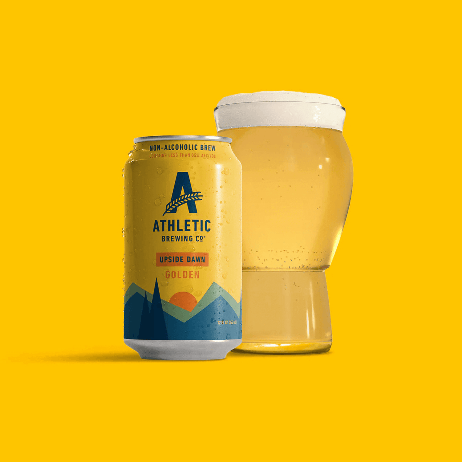 Athletic Brewing Upside Dawn Golden Ale 12-Pack Can with glass, non-alcoholic, gluten-removed, crisp golden ale.