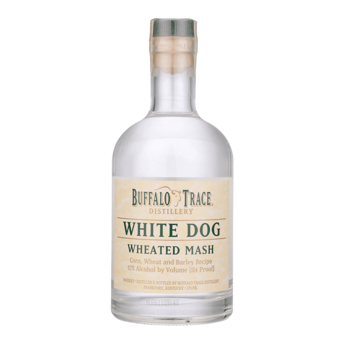 Buffalo Trace White Dog Wheated Mash 375ml bottle, unaged corn whiskey, 62.5% ABV, rich, bold flavor profile, made in Frankfort, Kentucky.