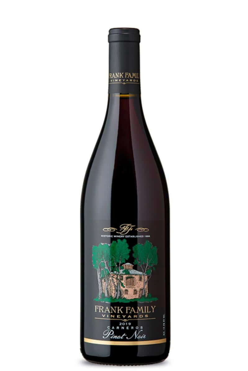 Frank Family Pinot Noir 2019 750ml bottle from Carneros, Napa Valley, offering red cherry notes and approximately 14.5% alcohol.