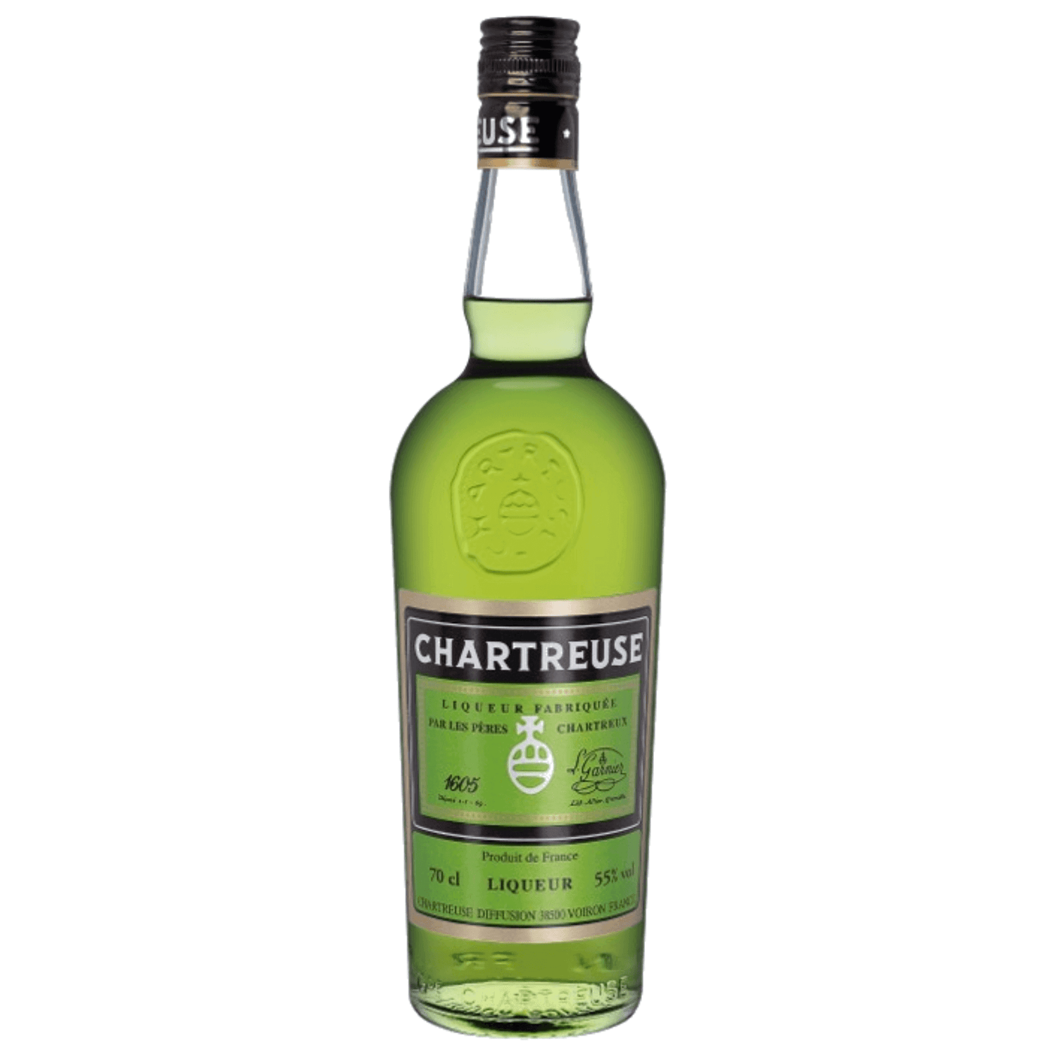 Chartreuse Green Liqueur 750ml bottle with robust herbal complexity and oak-aged richness, exclusive distillery production.