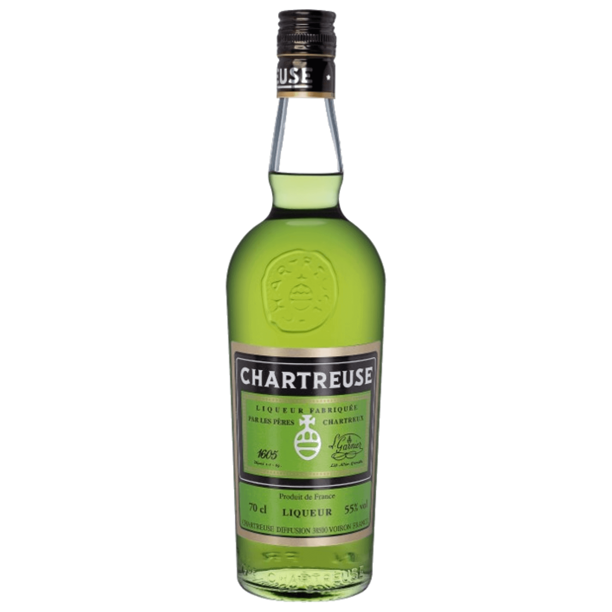 Chartreuse Green Liqueur 750ml bottle with robust herbal complexity and oak-aged richness, exclusive distillery production.