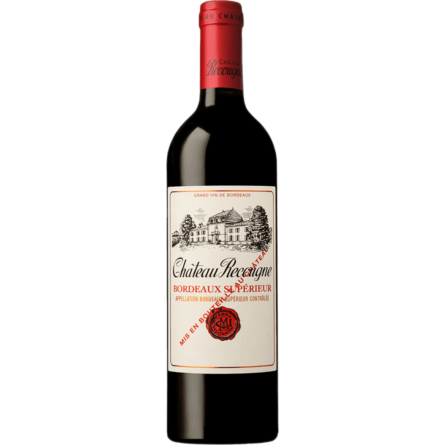 Chateau Recougne Bordeaux Superieur 2019 750ml wine bottle showcasing label and red capsule