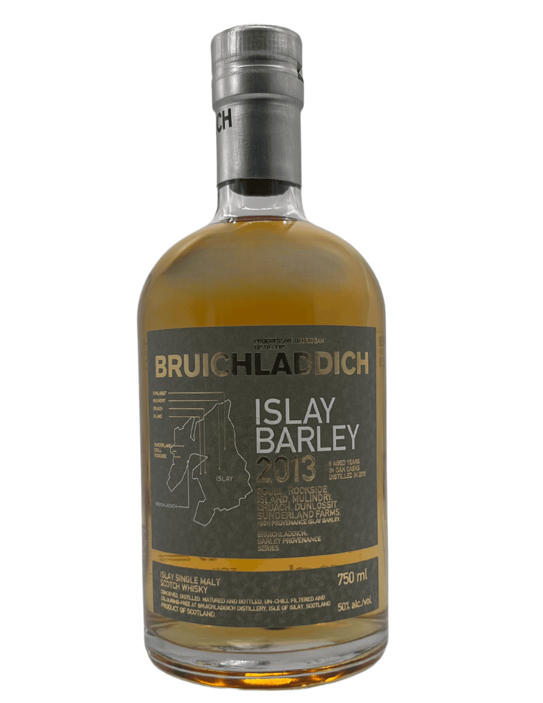 Bruichladdich Islay Barley 2013 Single Malt Whisky 750ml bottle with label, notes of local Islay barley and oak maturation.