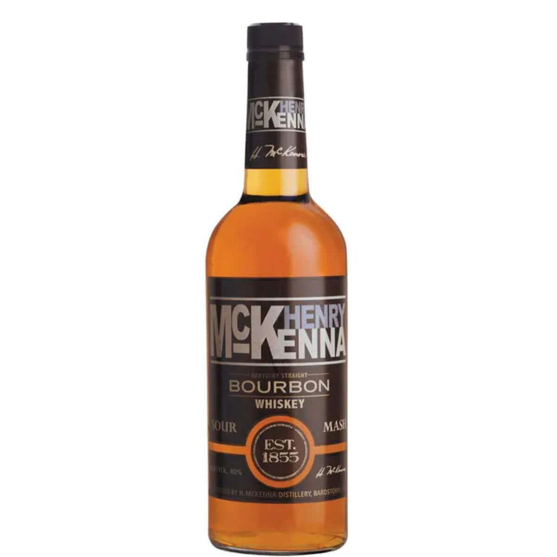 Henry McKenna 750ml Bourbon Whiskey Bottle from Kentucky, USA. Fruity, spiced notes with 40% ABV. Image of product label.