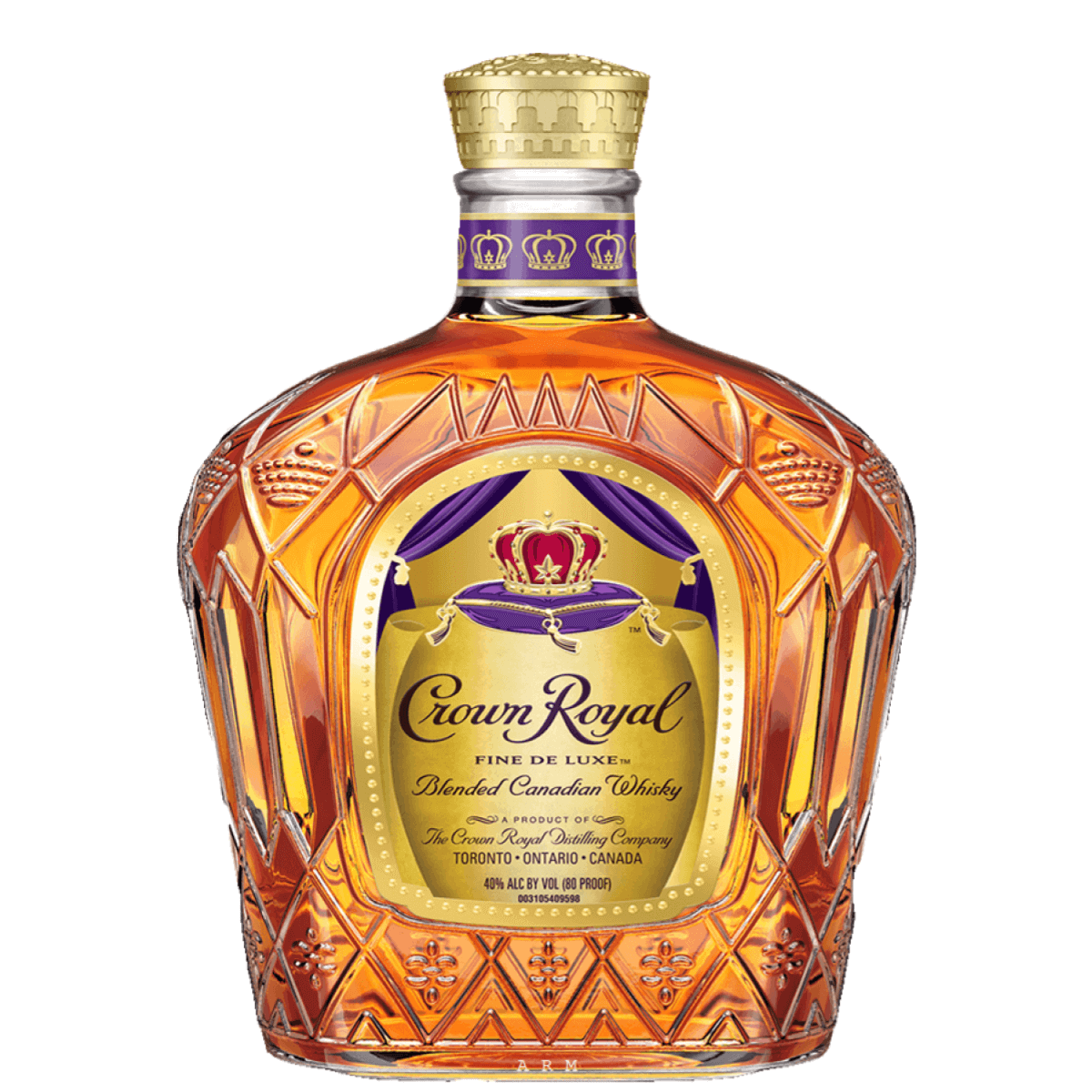 Crown Royal 750ml bottle of Canadian whisky with a golden label and purple accents, iconic spirit from the Gimli Distillery.