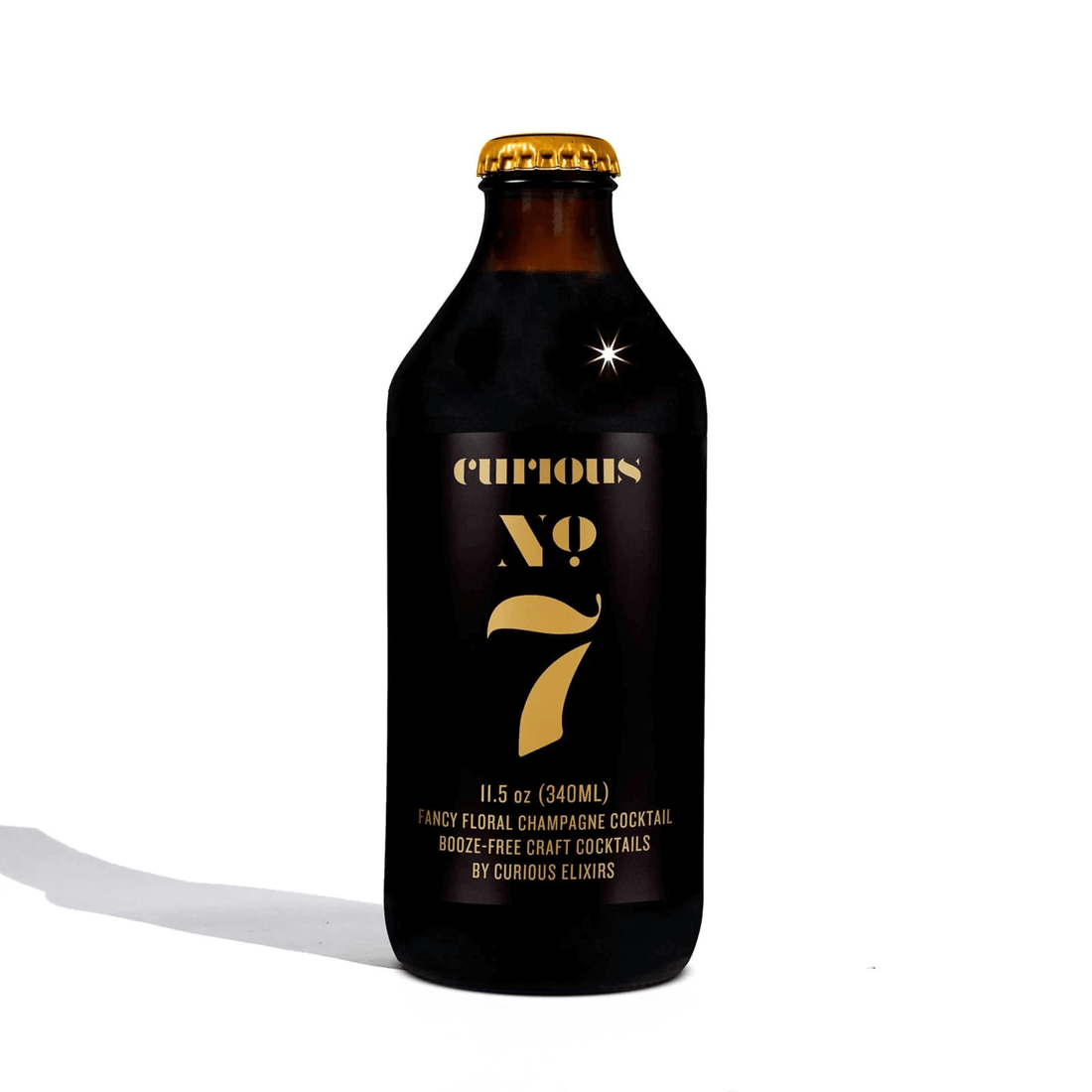 Curious Elixirs No. 7 non-alcoholic champagne cocktail bottle, 11.5oz, New York. Organic lemon, elderflower, sophisticated taste.