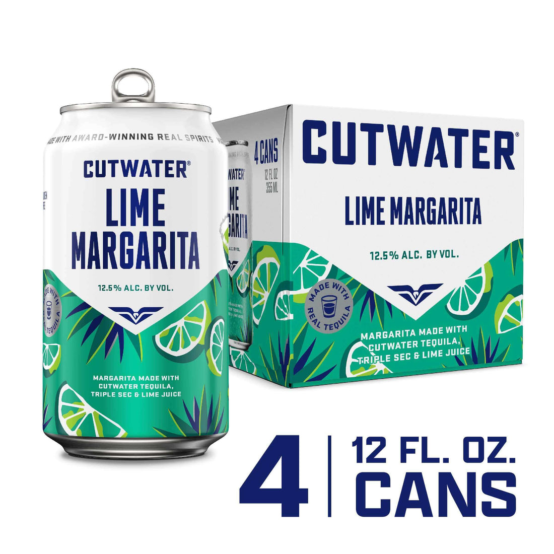 4-pack of Cutwater Lime Tequila Margarita cans with 12.5% ABV, featuring lime and triple sec, from Cutwater Spirits, San Diego