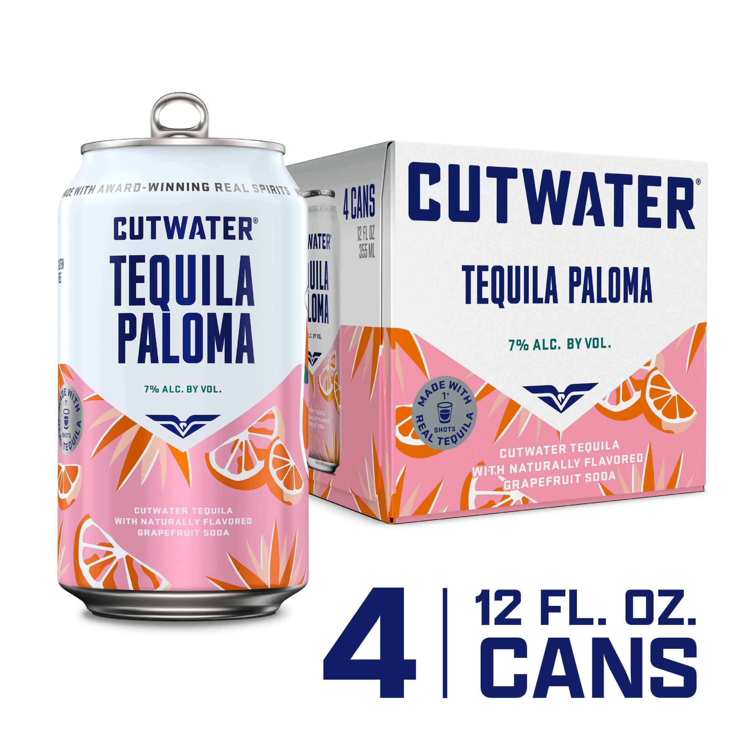 Cutwater Paloma RTD 4 Pack, 12oz cans with grapefruit design. ABV 7%, ready-to-drink tequila cocktail by Cutwater Spirits.