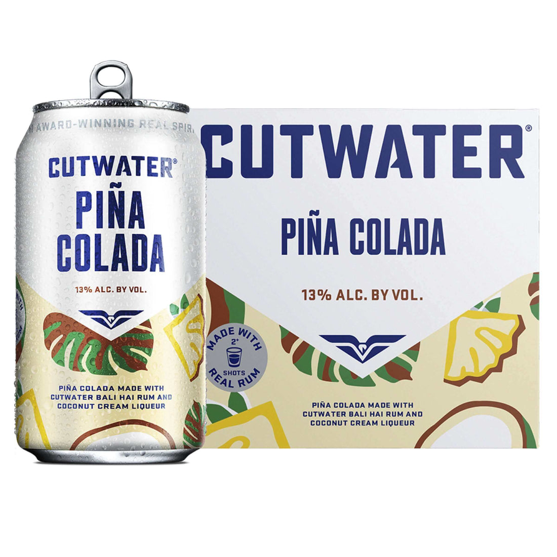 Cutwater RTD Pina Colada 4PK and 12oz can showcasing tropical cocktail branding, 13% ABV, made in San Diego, CA with real rum.