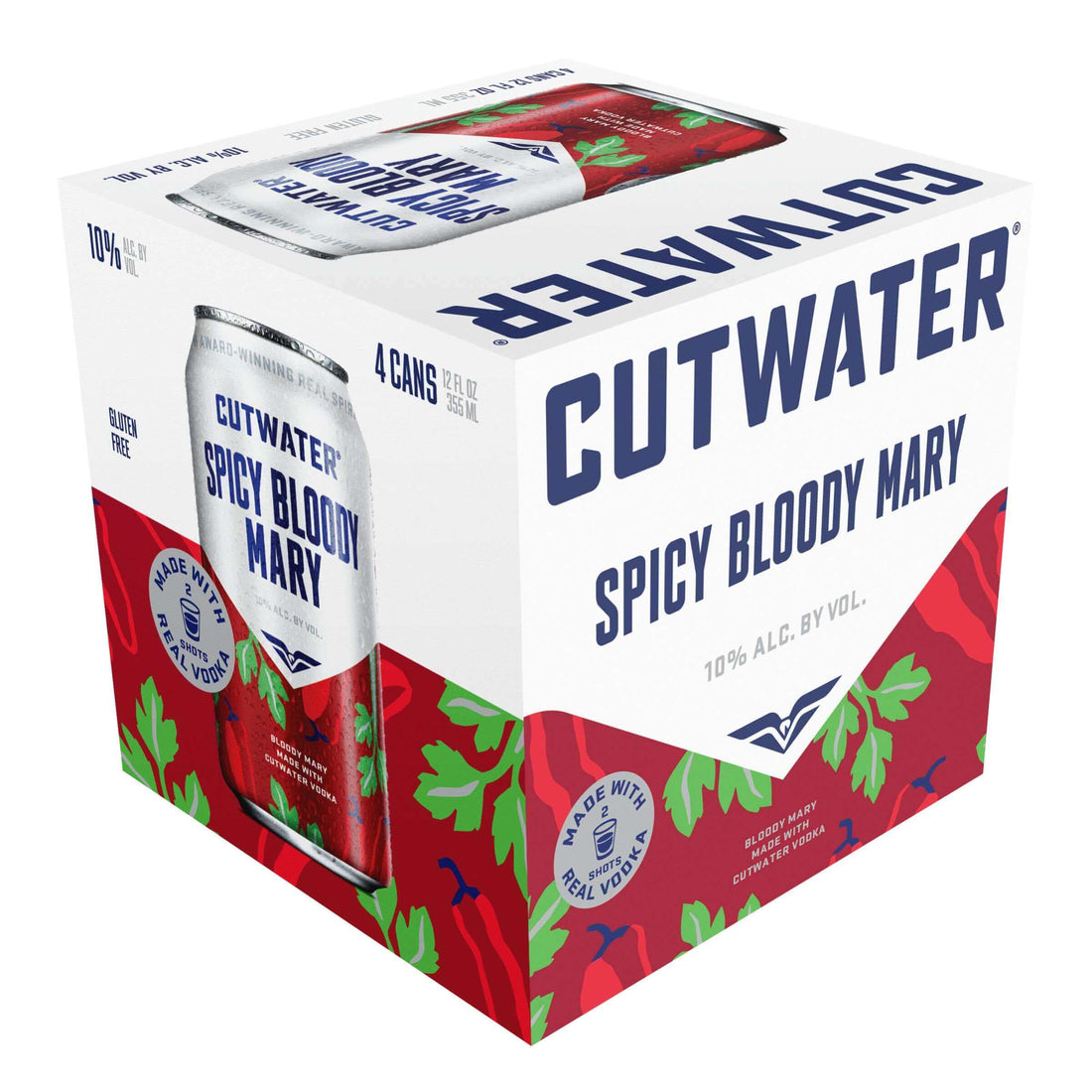 Cutwater RTD Spicy Bloody Mary 4-pack, 12oz cans, featuring Cutwater label and vibrant design. Ready-to-drink cocktail.