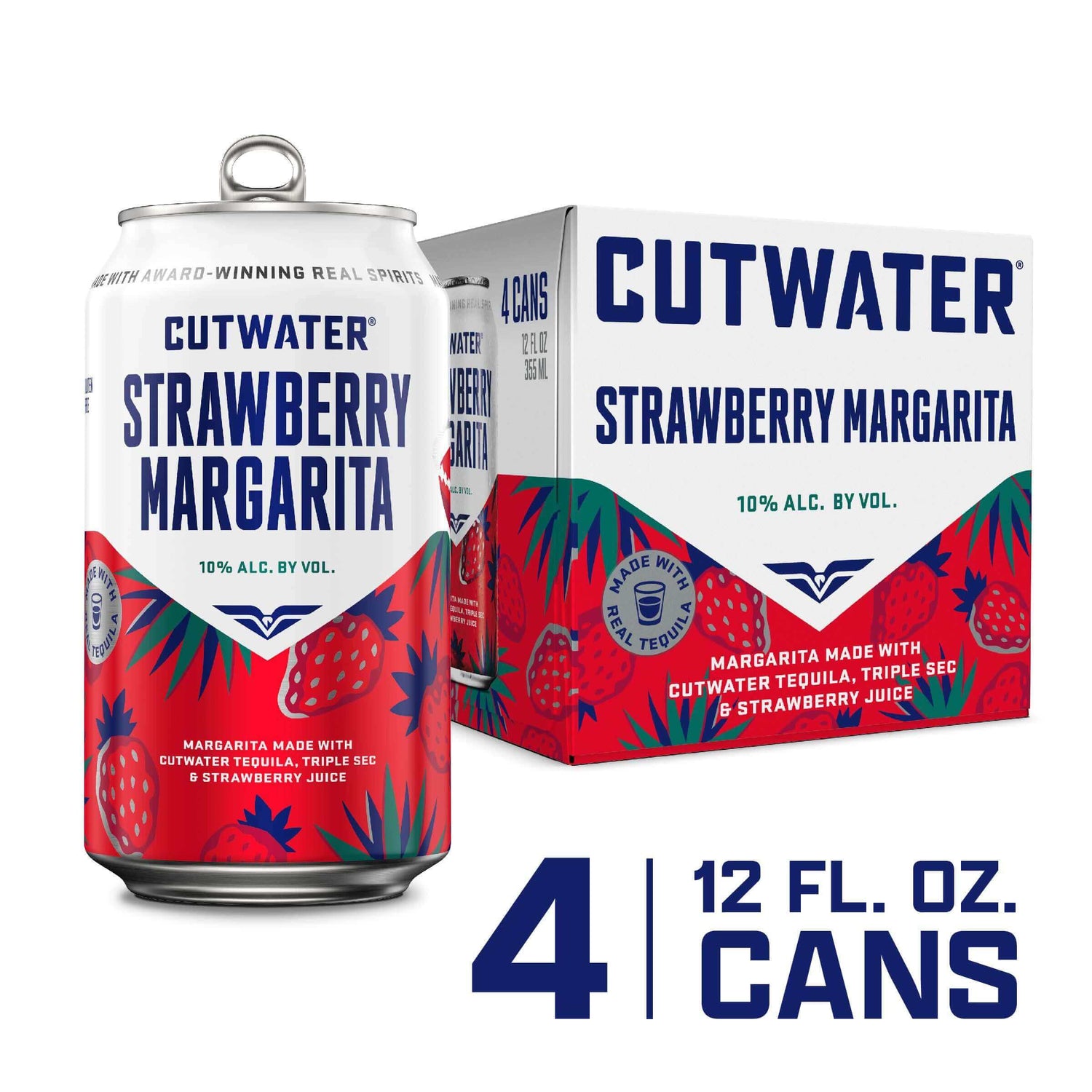 Cutwater RTD Strawberry Margarita 4PK of 12oz cans with 10% ABV, featuring premium tequila and natural strawberry flavors.