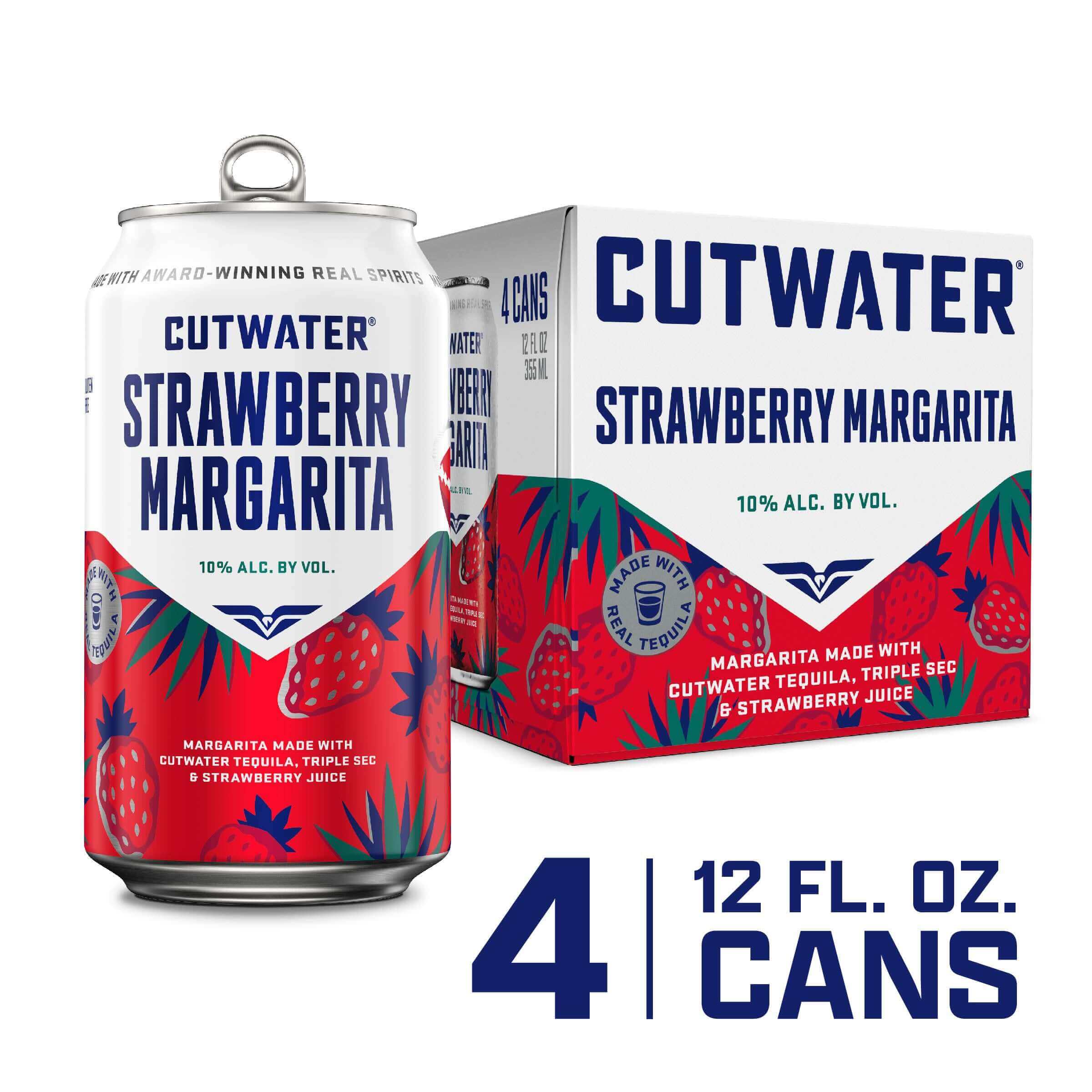 Cutwater RTD Strawberry Margarita 4PK of 12oz cans with 10% ABV, featuring premium tequila and natural strawberry flavors.
