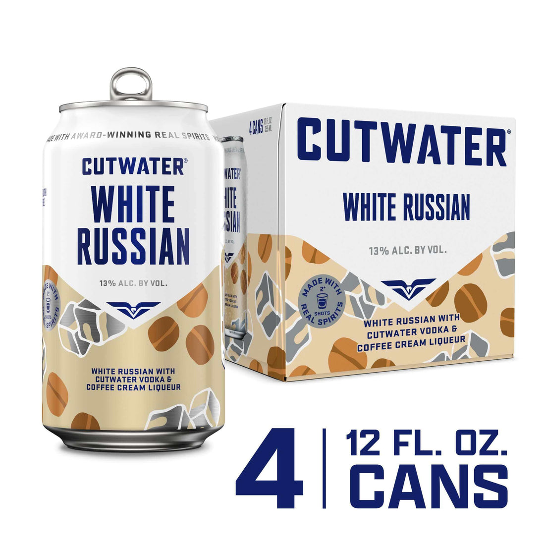 Cutwater White Russian 4PK, 12oz cans, ready-to-drink cocktail with vodka and coffee cream liqueur, 13% ABV, San Diego.