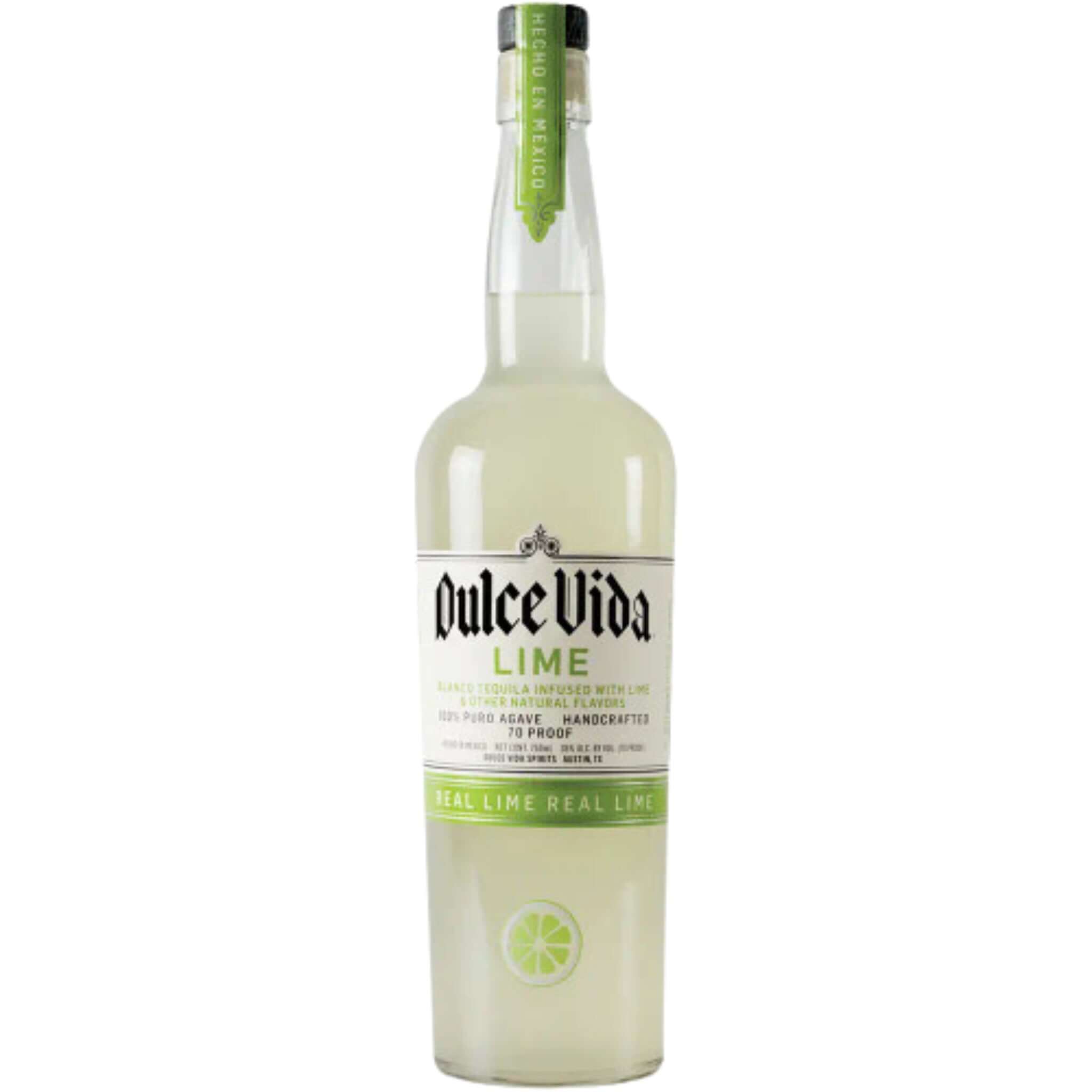 Dulce Vida Organic Lime Tequila 750ml bottle, infused with real lime, crafted from 100% blue Weber agave, Highland Jalisco, Mexico.