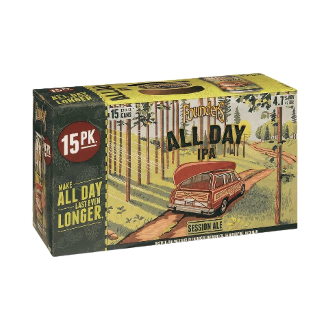 Founders All Day IPA 15 Pack of 12oz cans featuring session ale artwork and 4.7% ABV details from Founders Brewing Co.