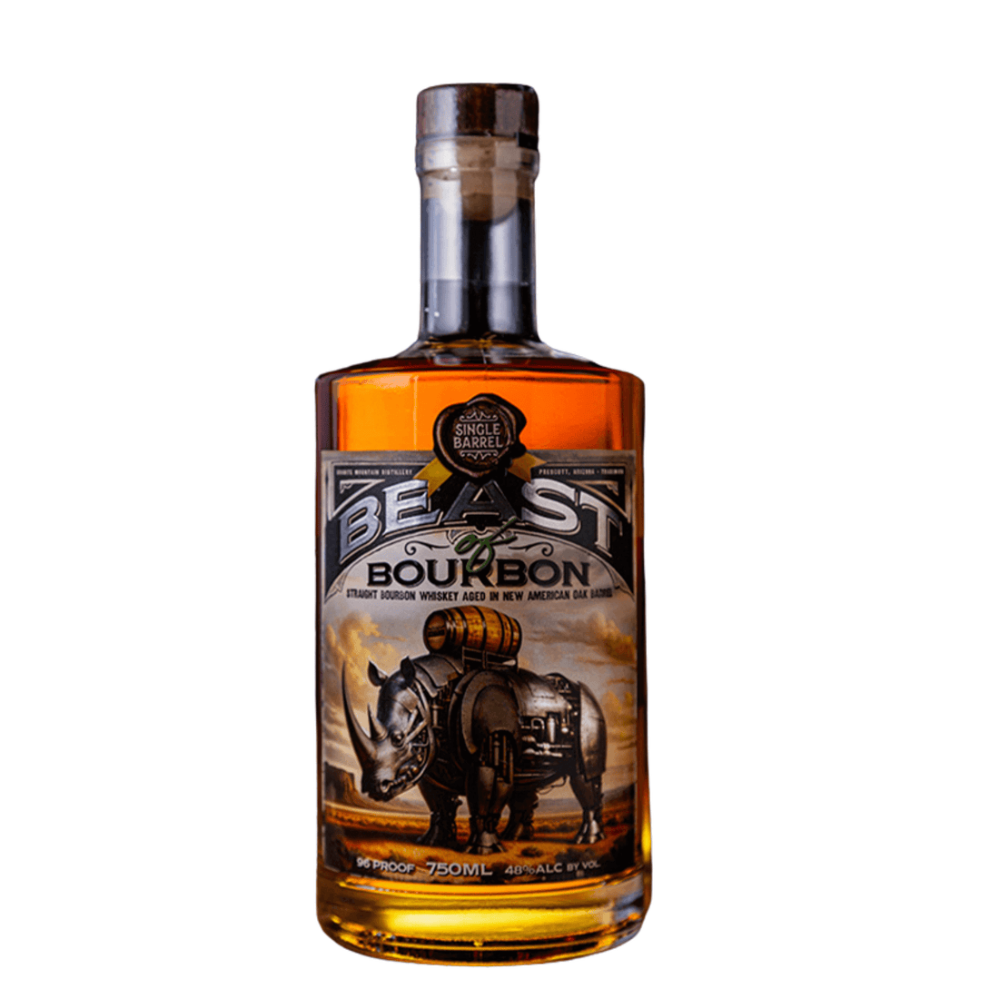 Granite Mountain Distillery Single Barrel Beast of Bourbon 750mL bottle with label featuring a rhino, straight bourbon whiskey.