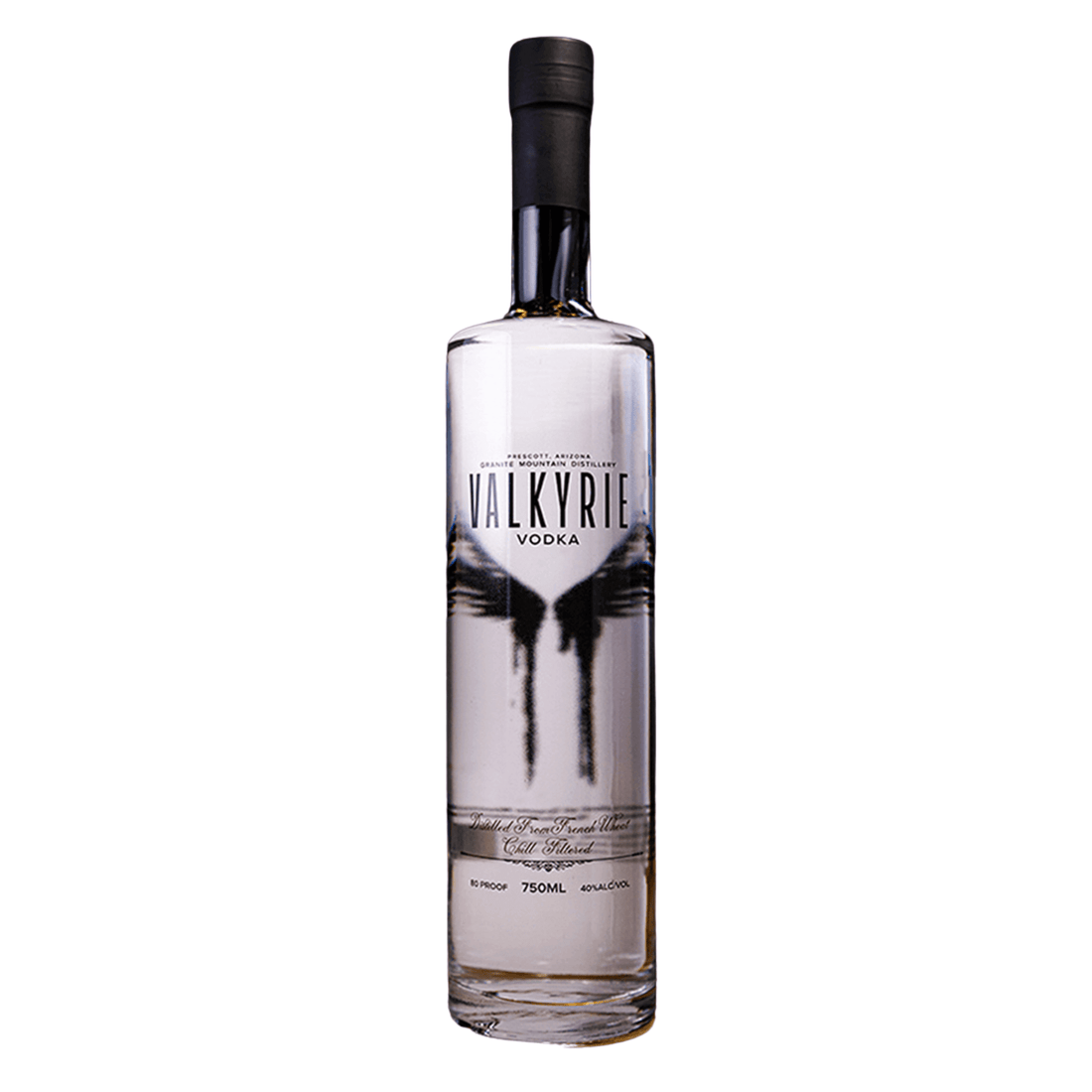 Granite Mountain Distillery Valkyrie Vodka 750mL bottle, smooth and crisp, 40% ABV, crafted in Prescott, Arizona.