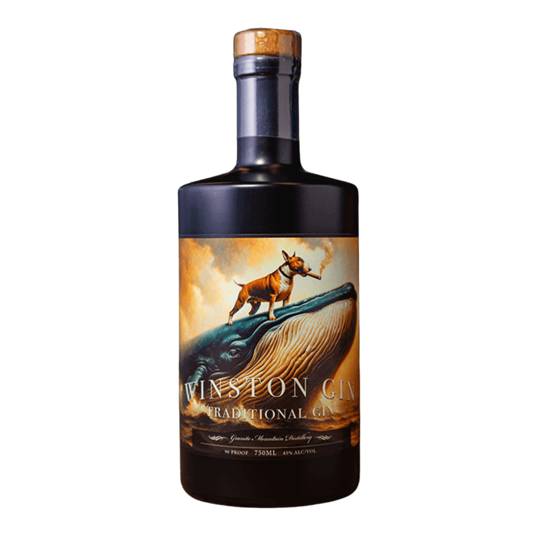 Bottle of Granite Mountain Distillery Winston Traditional Gin 750mL with unique label design, 40% ABV, Prescott, AZ.