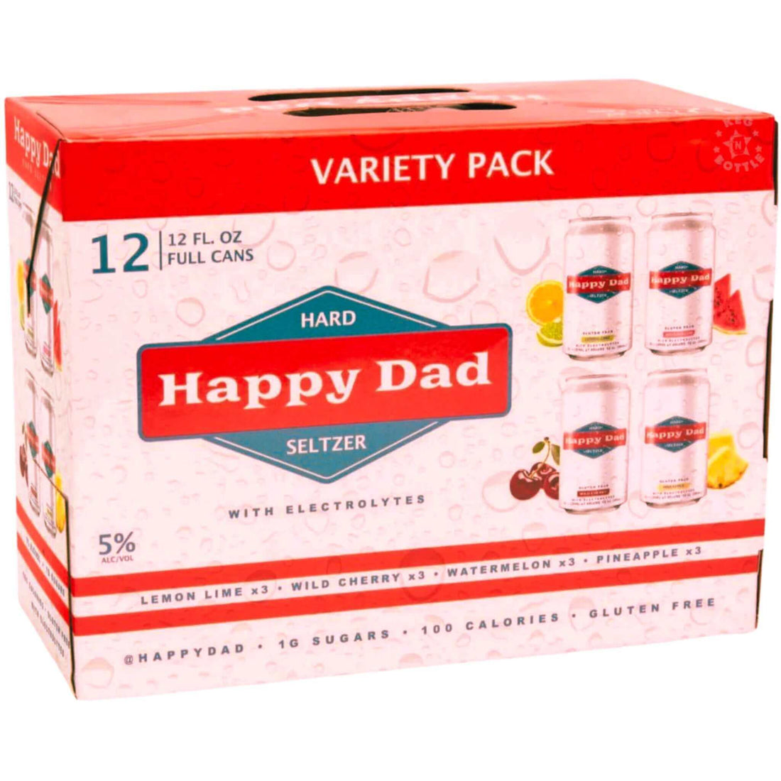 Happy Dad Hard Seltzer Variety 12 Pack with 5% ABV, featuring flavors like Wild Cherry, Watermelon, Lemon Lime, Pineapple in 12oz cans.