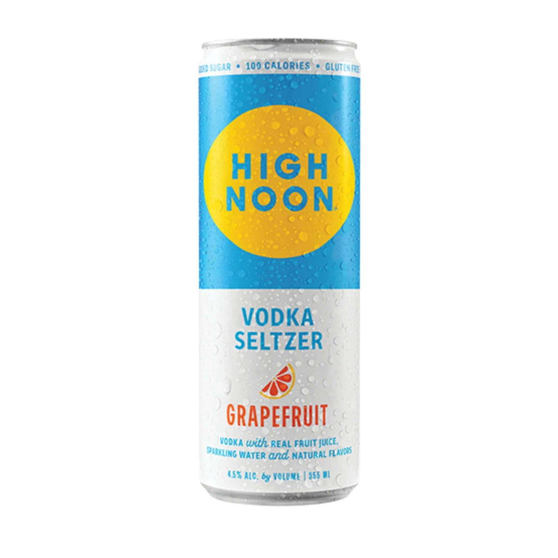 High Noon Sun Sips Grapefruit Vodka Seltzer 12oz can with blue label, fresh fruit flavor, 100 calories, refreshing beverage