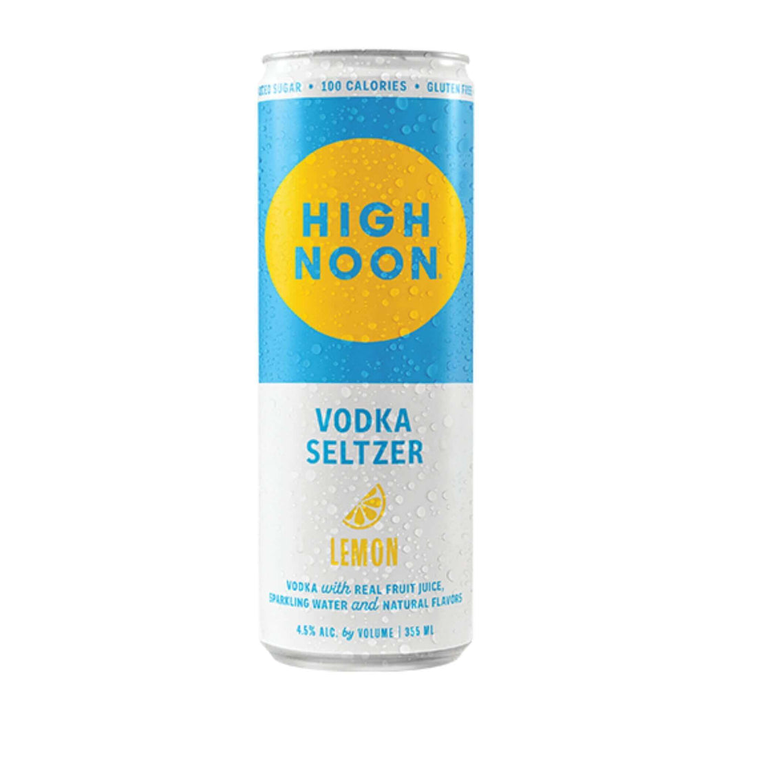 High Noon Sun Sips Lemon Vodka Seltzer 12oz Can, refreshing citrus flavor, 4.5% ABV, 100 calories, gluten-free, California, USA.
