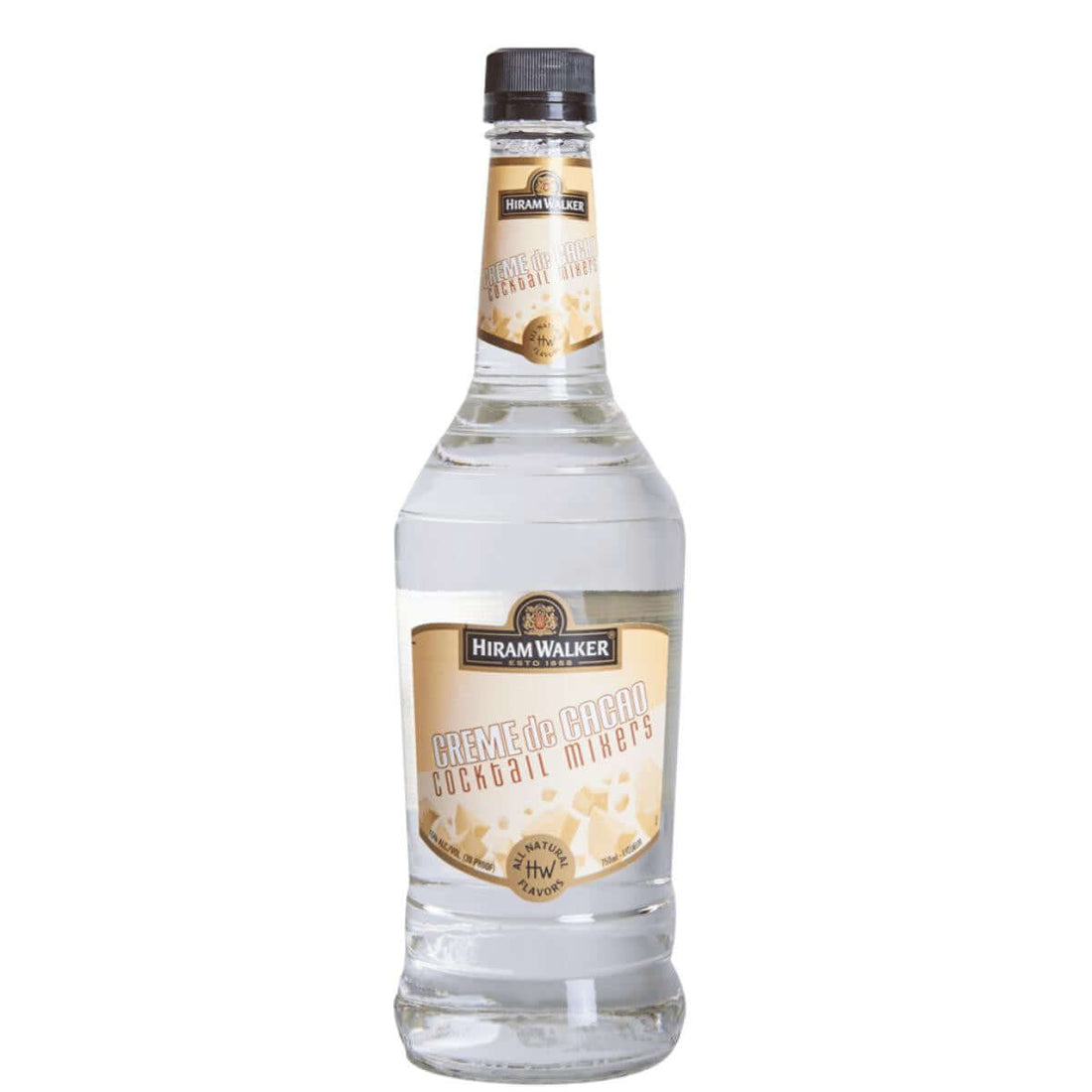 Hiram Walker Creme de Cacao White 750ml bottle, chocolate liqueur for cocktails and desserts, 30% ABV, renowned brand in spirits.