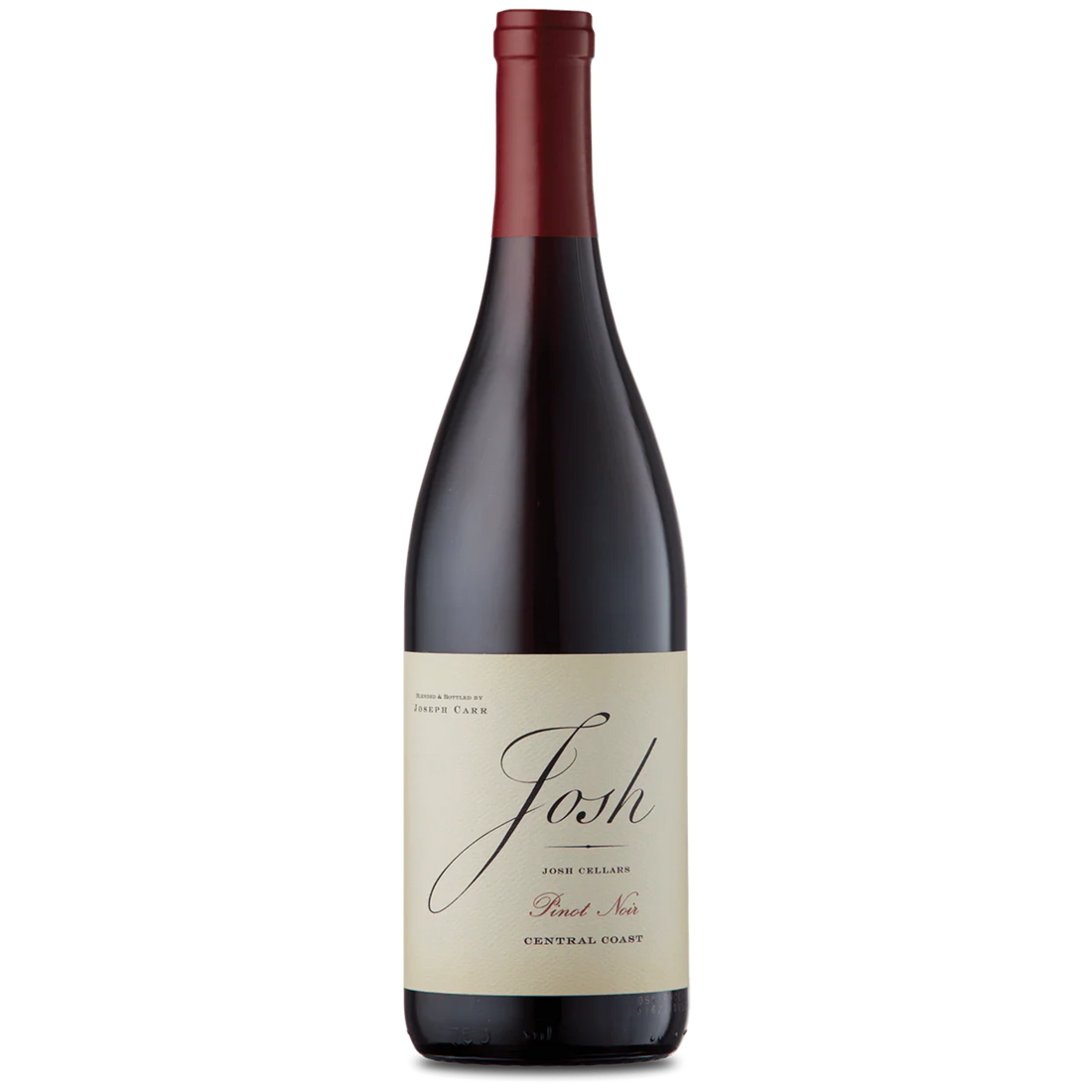 Bottle of Josh Cellars Central Coast Pinot Noir with a cream label and deep red foil, showing the Josh script logo