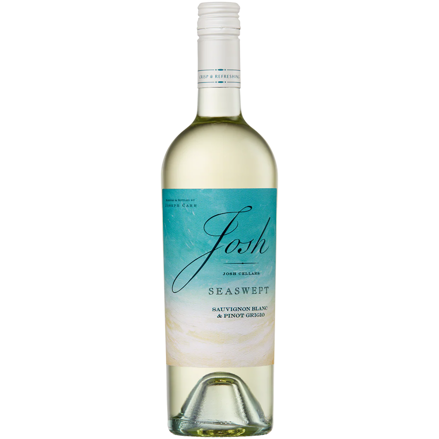 Bottle of Josh Cellars Seaswept white wine with a teal and cream coastal-themed label and white screw cap