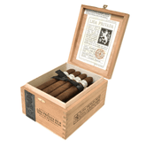 Open wooden box of Liga Privada No. 9 Belicoso cigars, showcasing dark brown Connecticut Broadleaf Oscuro wrappers and detailed label.